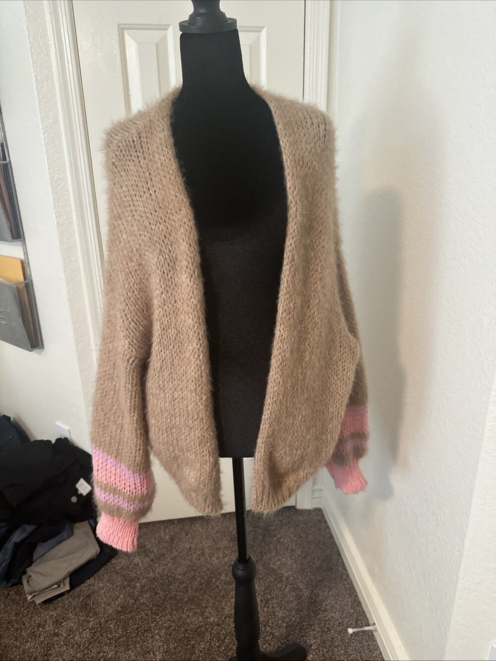 Anthropologie One Size Cardigan Sweater Womens Gold With Pink Cuff Accents
